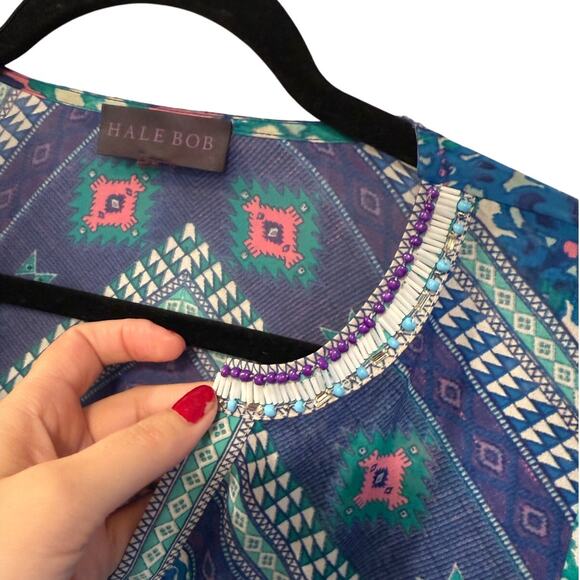 Hale Bob S 100% Silk Flowy Tunic Top $278 Beaded Button Collar Boho Blouse Blue - Picture 3 of 8